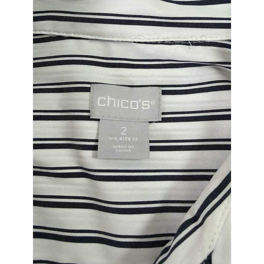 Chicos Size 2 White Navy/Grey Stripe Ruffle Cuff Blouse Open Collar EUC - Picture 3 of 6